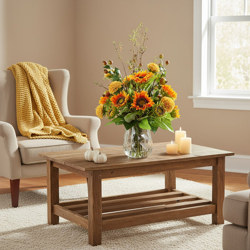 Sunflower, Dahlia and Pomegranate Fall Arrangement in a Glass Vase, 29"H x 18"W x 18"D