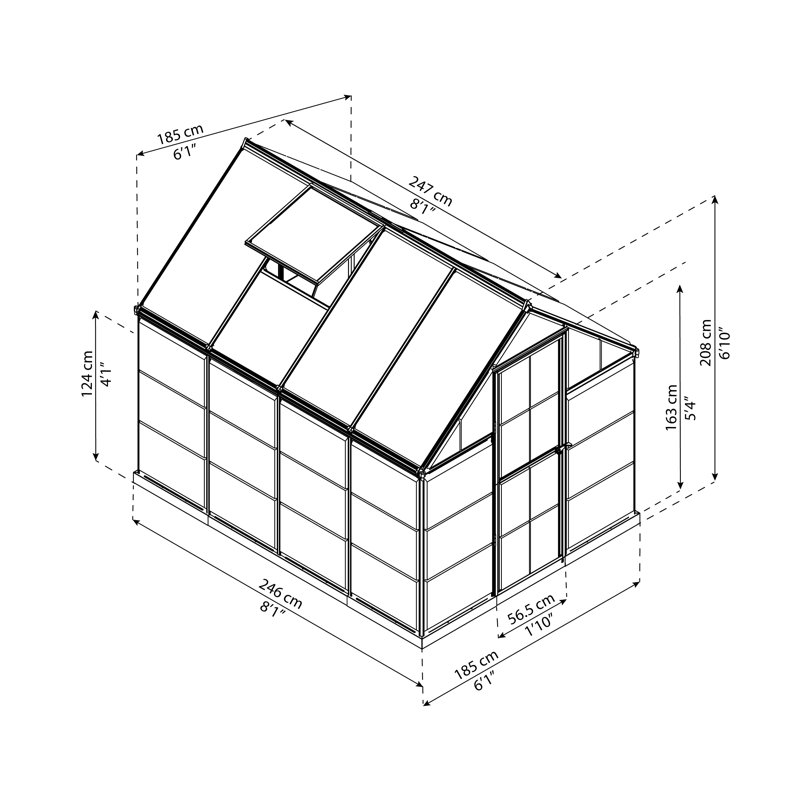 Palram - Canopia Hybrid 6' W x 8' D Walk-In Hobby Polycarbonate Aluminum Frame Greenhouse Kit with Roof Vent - Black, Black