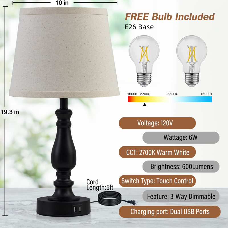 Lampe de table USB en métal Jerryn, Noir mat, Blanc