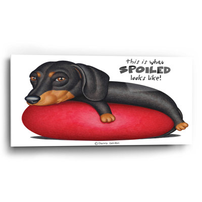 Teckel noir sur coussin rouge sur imprimé plastique / acrylique