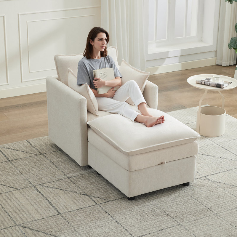 Upholstered Accent Armchair & Ottoman Set, Both with Hidden Storage, Beige