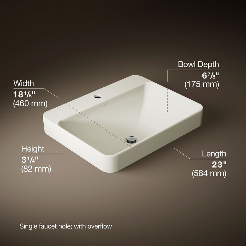 Vox Vitreous China Rectangular Vessel Bathroom Sink with Overflow, Biscuit, 1