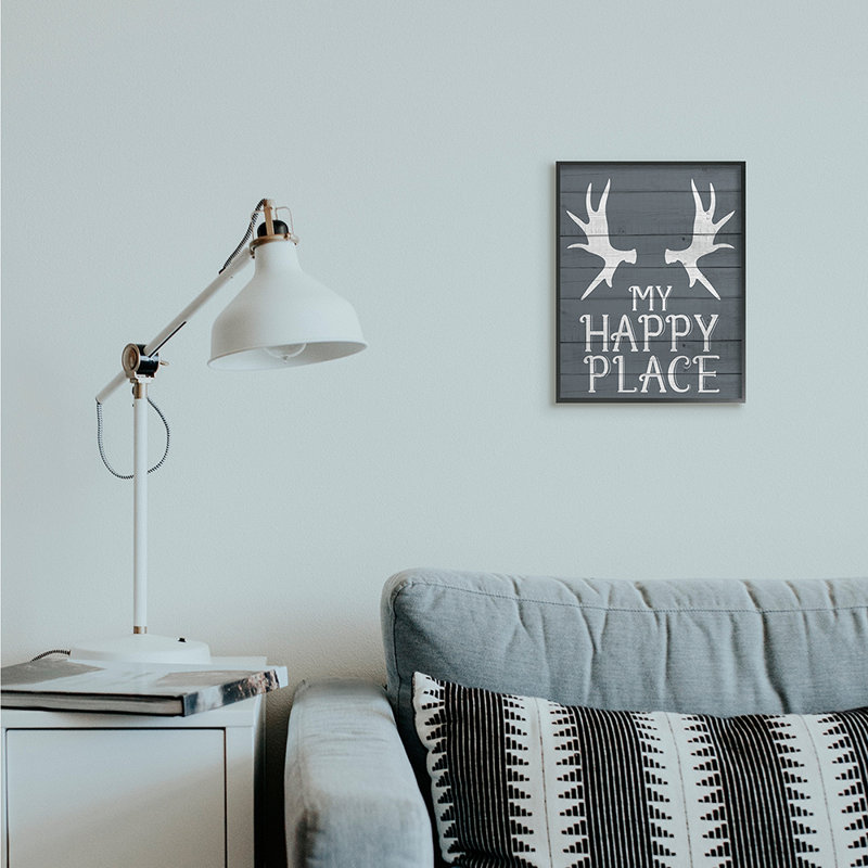 «Rustic My Happy Place Large Elk Antler» par Kim Allen - impression d'art graphique, Giclée encadrée noir minuit