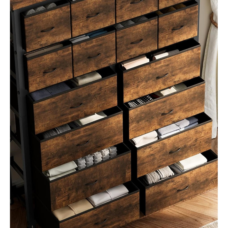 Commode 16 tiroirs pour chambre à coucher, commode haute avec tiroirs de rangement en tissu, Brun / Noir