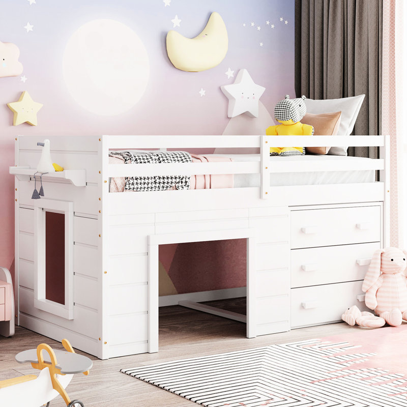 Lit mezzanine simple en bois massif blanc avec armoire et tablette décorative blanche, Blanc