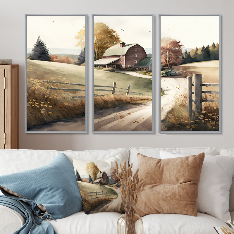 Chemin vers la grange IV - ensemble d'art mural sur toile, H 28 po x l 36 po, Cadre argenté flottant