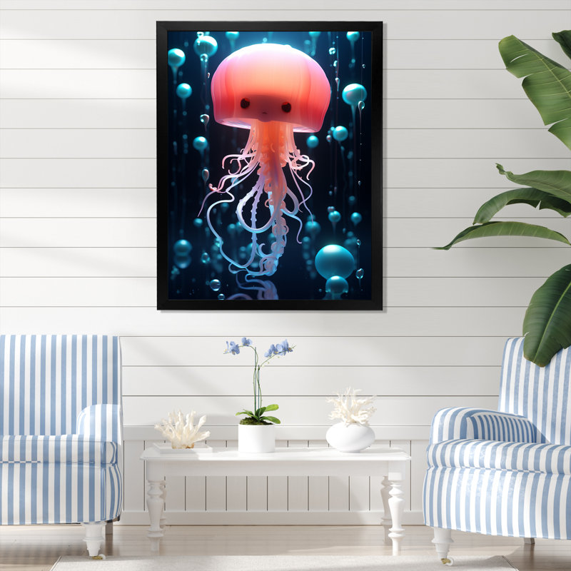 Adorable méduse pour chambre d'enfant III - méduse, art mural, Cadre photo noir, H 32 po x l 16 po x P 1 po