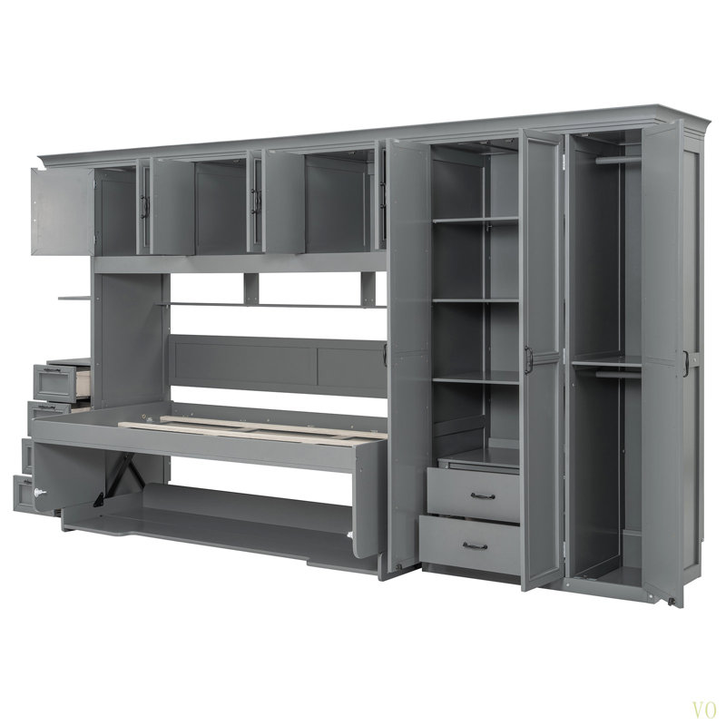 Lit escamotable simple avec armoire murale, armoire et bureau, Gris
