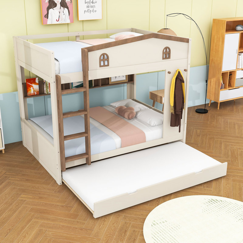 Wooden Bunk Bed with Trundle and Side Shelves and Ladder, Queen Over Queen, Beige/Natural