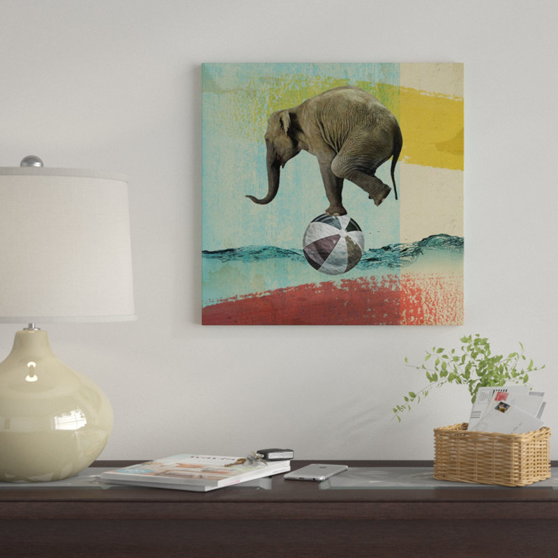 « balance éléphant », impression sur toile tendue, H 18 po x l 18 po x P 1,5 po, Toile encadrée noire, Pas de tapis