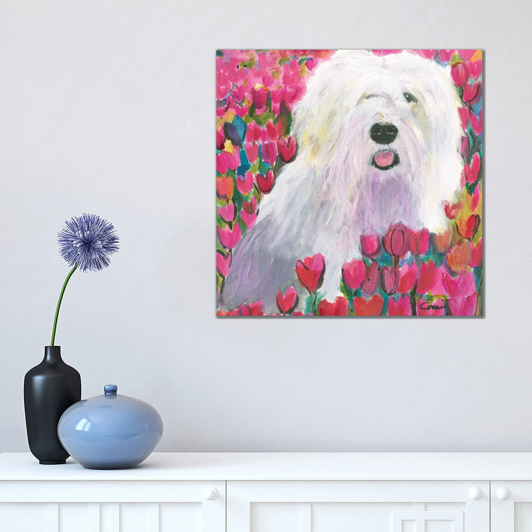Sheepdog in Tulip Field by Connie Collum - Painting Print on Canvas