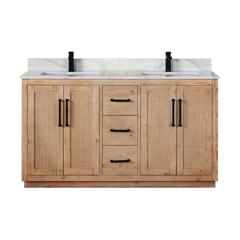 Meuble-lavabo double 60 po avec comptoir en quartz blanc Calacatta sans miroir Deach