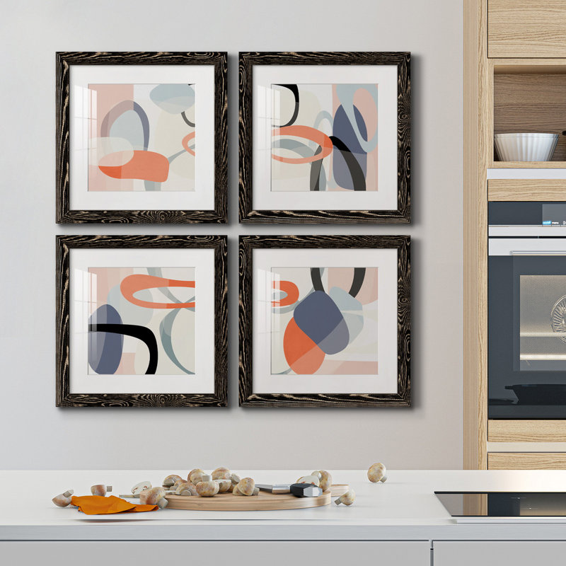 «Floating on Silk I», ensemble de 4 impressions sur toile encadrées, Cadre noir, H 27,5 po x l 110 po x P 1,5 po