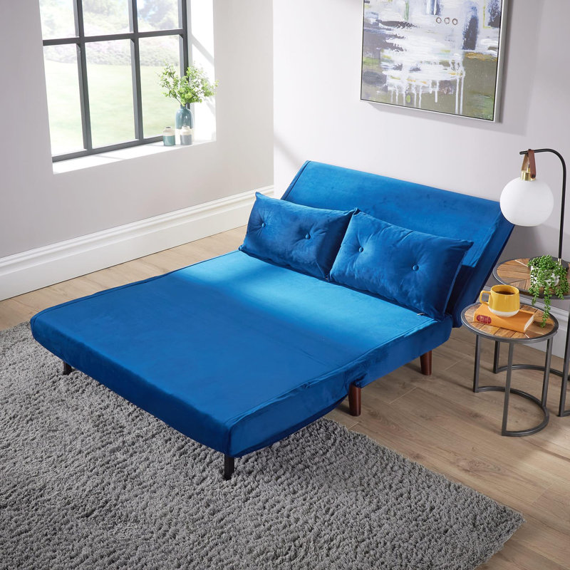 Lonara Two Seater Upholstered Double Sofa Bed, Blue Velvet