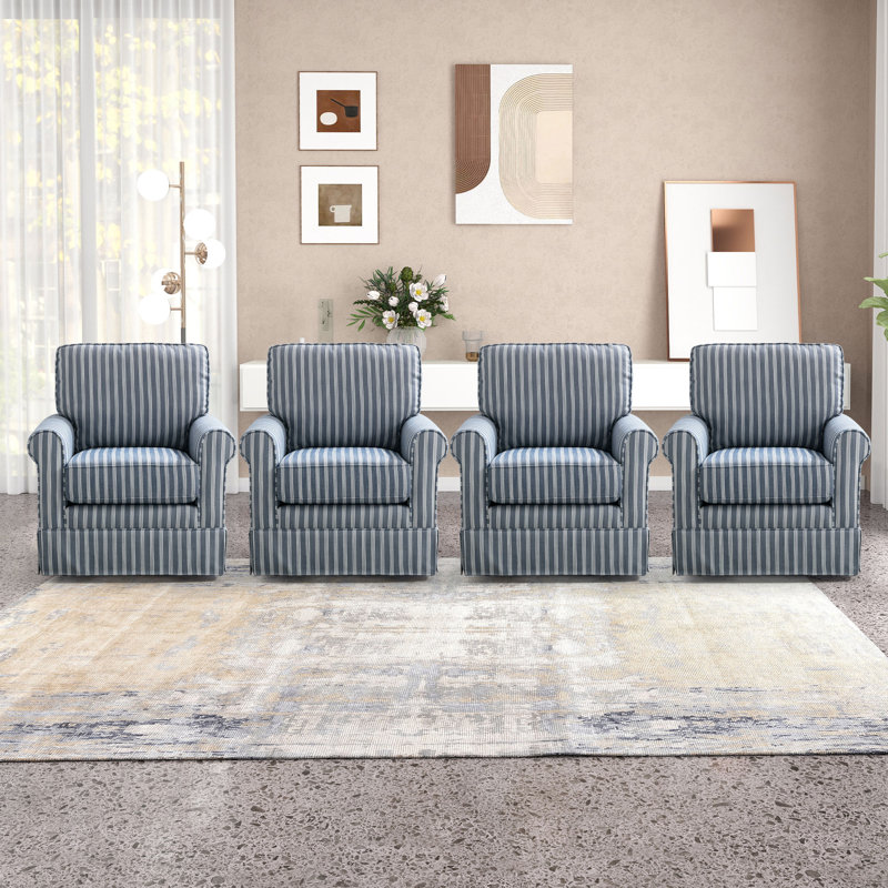 33'' Wide Modern Linen Striped Swivel Upholstered Arm Accent Chair (Set of 4), Blue, 4