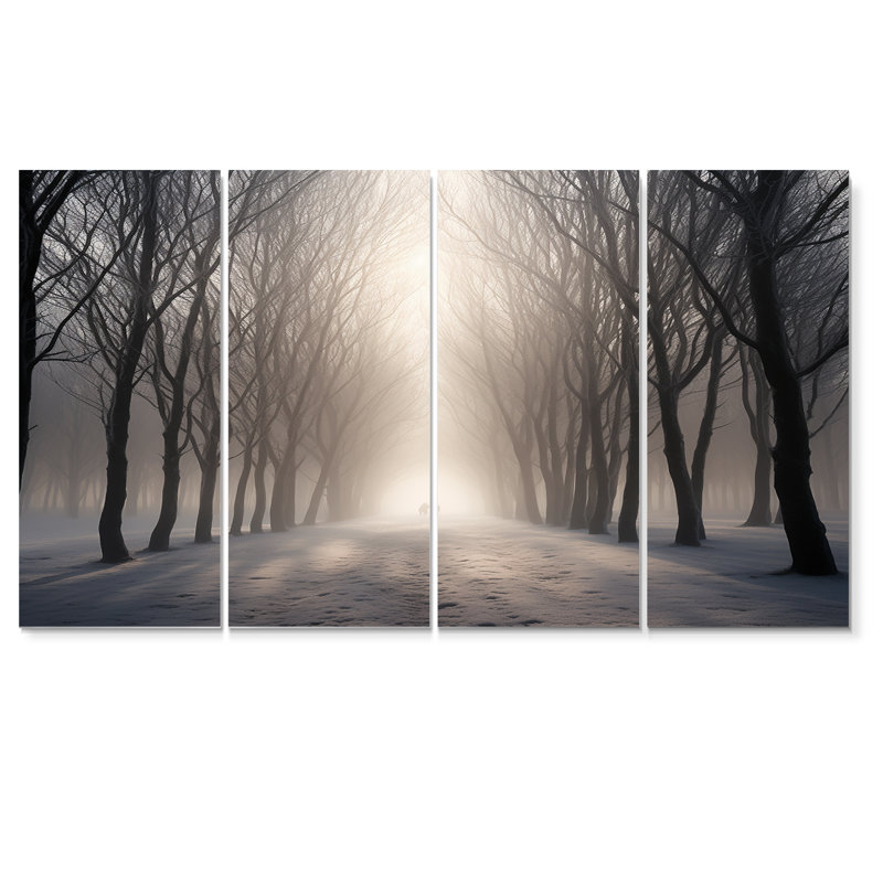 Misty Sunshine Foggy Forest Road - décoration murale arbre séquoia 4 pièces, H 32 po x l 64 po