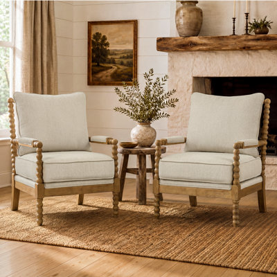 2 Pieces Mid-Century Farmhouse Accent Armchair, with Solid Wood Frame and Cushion Seat and Back