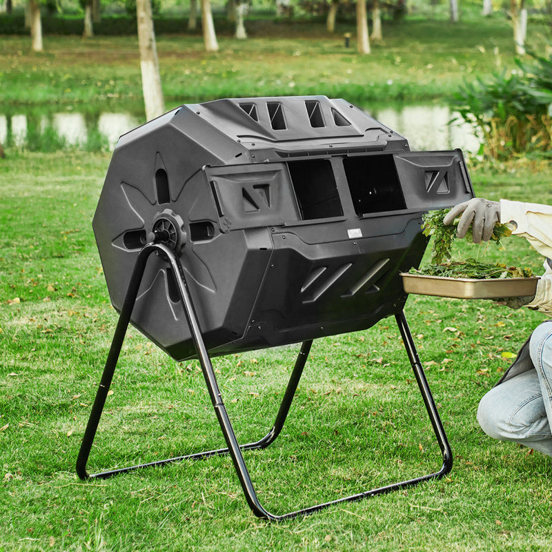 Compost Bin, 43-Gal Dual Chamber Composting Tumbler, Large Tumbling Rotating Composter with 2 Sliding Doors and Steel Frame, BPA Free Composter Bin Tumbler for Garden, Kitchen, Yard, Outdoor