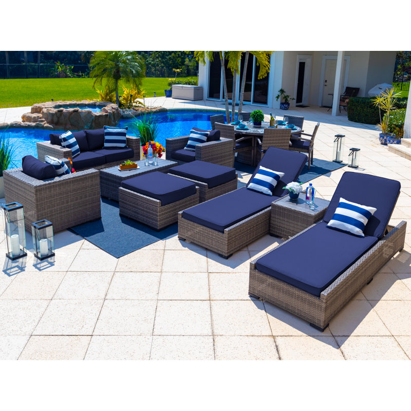 Ensemble de patio complet en rotin 16 pièces avec coussins Yussuf, Marine