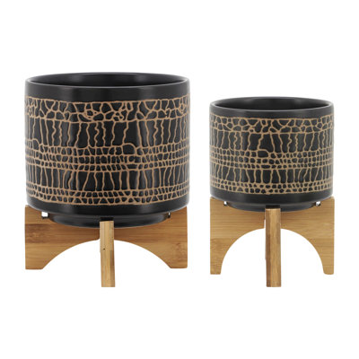 S/2 5/8" Planter W/ Wood Stand For Outdoor Indoor