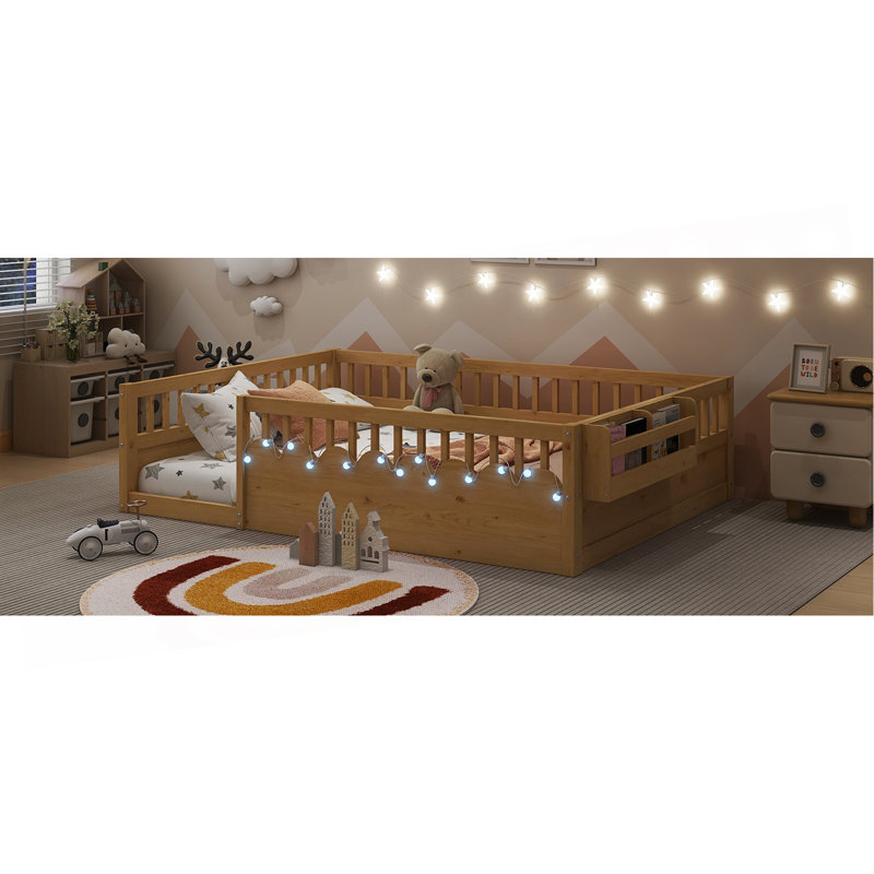 Structure de lit double Montessori avec rails hauts, lits en bois pour enfants avec éclairage et tablette de rangement