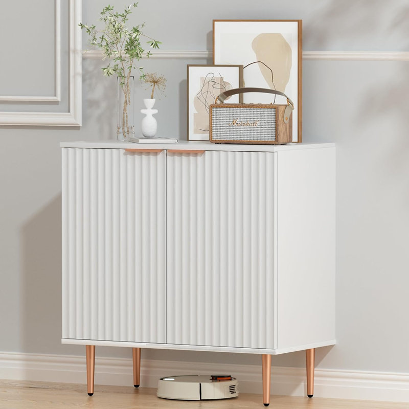 Fluted Storage Cabinet,Wood Sideboard Buffet Cabinet With Adjustable Shelf, Fluted Accent Cabinet With Gold Metal Legs, Console Table For Living Room,Dining Room,Kitchen