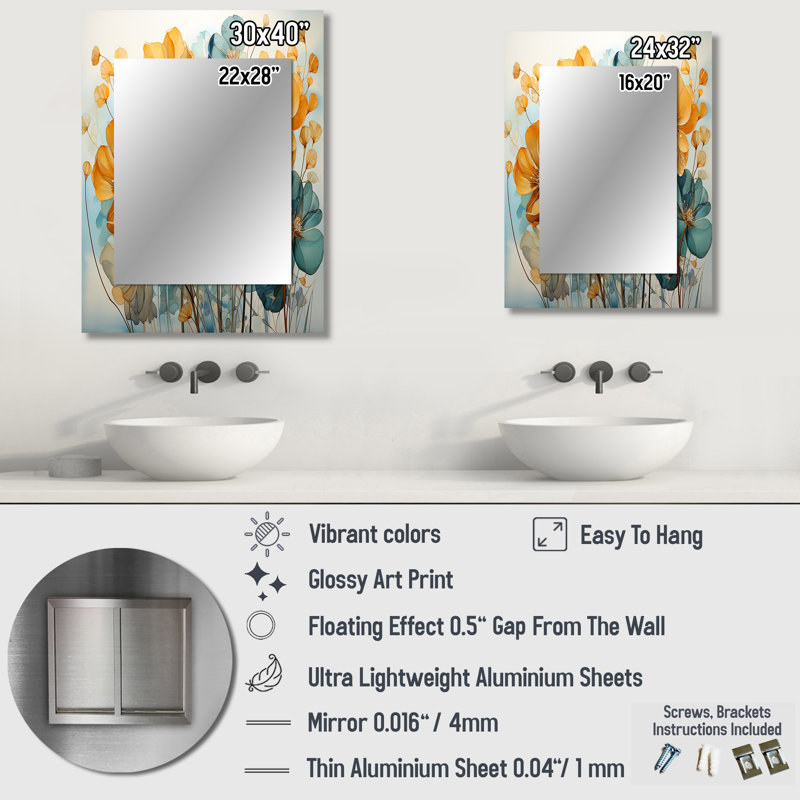 Teal orange Botanical Fragments I - Botanicals Unique Wall Mirror, sarcelle, impression sur métal, 32 po x 24 po