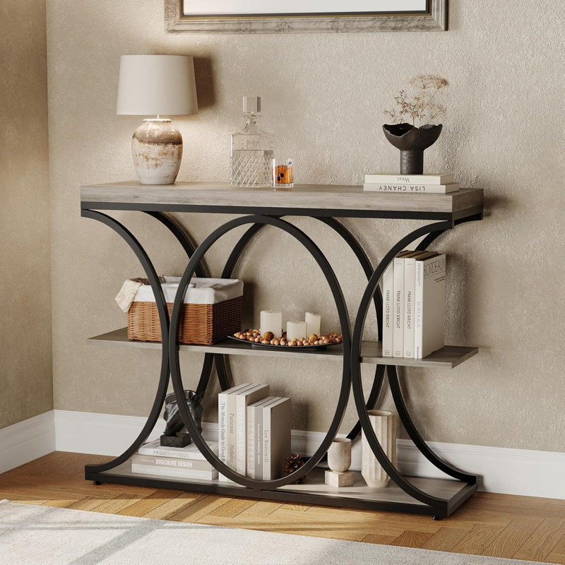 39" Narrow Industrial Console Table with 3-Tier Storage for Entryway, Living Room & Hallway, Gray Wood/Black