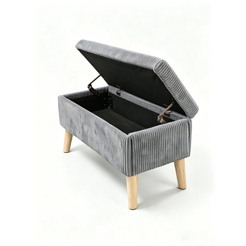 Banc de rangement en velours côtelé avec pieds en bois et rangement rabattable