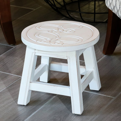 Tabouret en bois Butterflies, finition blanc antique. Bois d'hévéa. Idéal comme repose-pieds, repose-pieds, mini tables, tabourets. Marchepied 11 "avec papillons. Hévéa fonctionnel H 10"