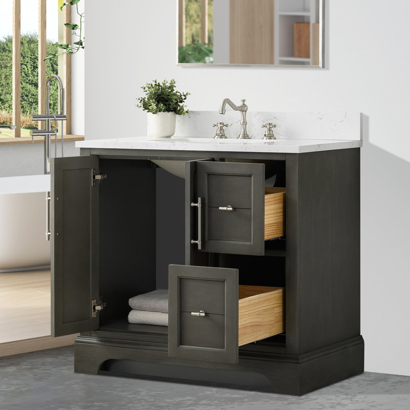 Ensemble de meuble-lavabo autoportant 36 po avec plateau en marbre d'ingénierie Vannes, Gris argenté