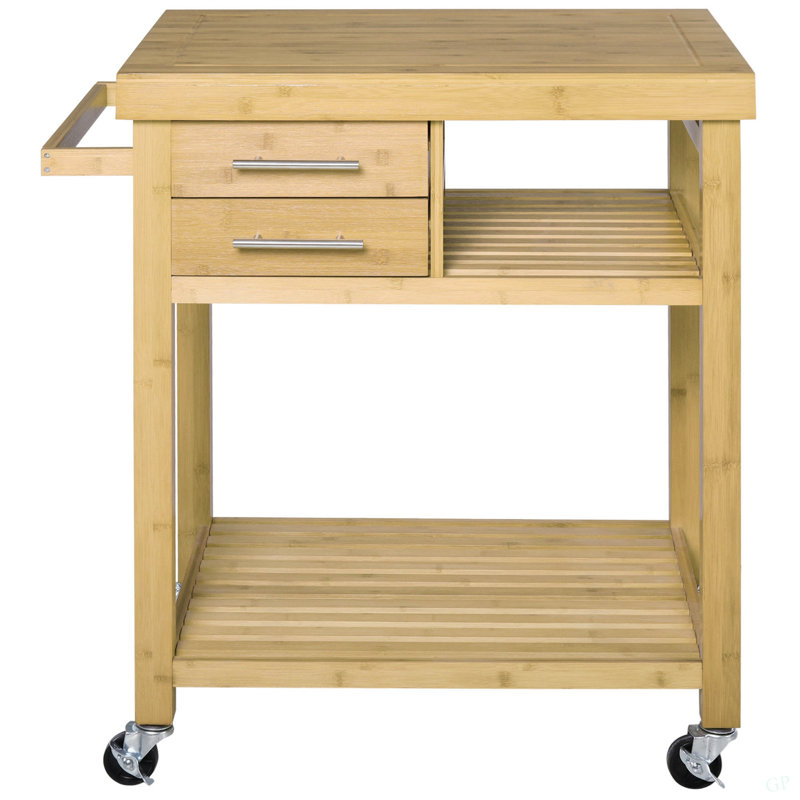 Îlot de cuisine en bambou sur roulettes, chariot utilitaire avec 2 tiroirs de rangement et tablettes ouvertes, ton bambou