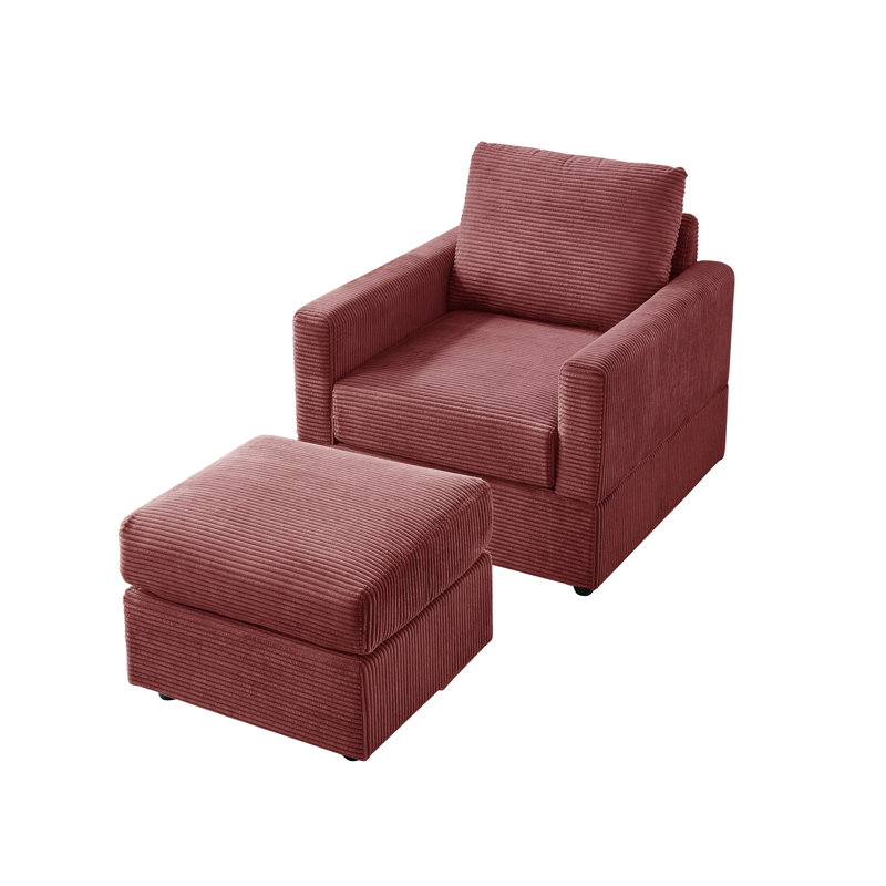 Classic Corduroy Chaise Lounge, Comfy Sofa Chaise Couch Chair, Upholstered Accent Chair With Ottoman For Living Room, Red