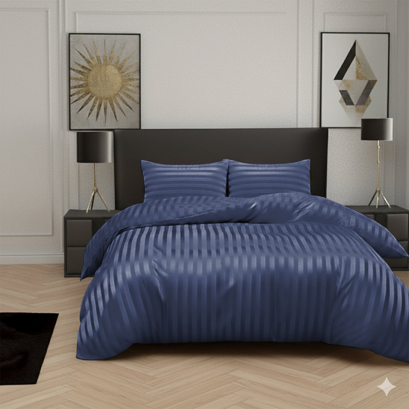 Microfiber Striped Duvet Cover Set with Matching Pillowcases and Stripe Fitted Sheet, Washed Blue