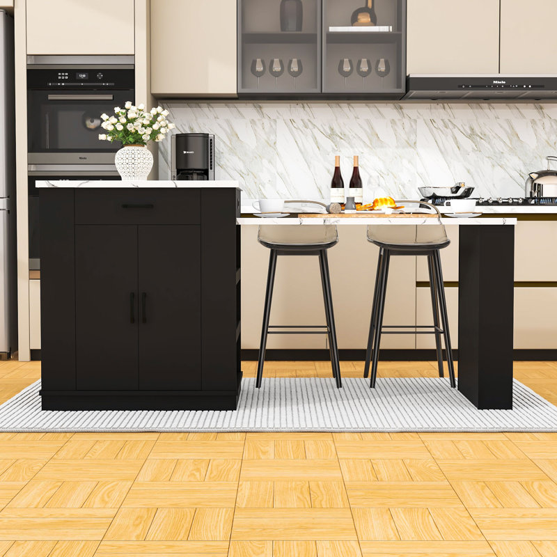 Extendable Kitchen Island with Drawers, Double-Door Cabinet, Open Shelving and Telescoping Countertop, Black