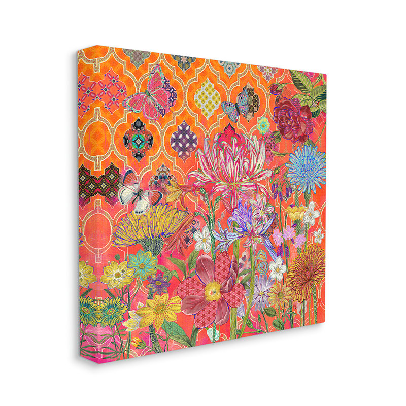 «Warm Arabesque Geometric Motif Vibrant Florals» par Sangita Bachelet - impression d'art graphique, Toile tendue