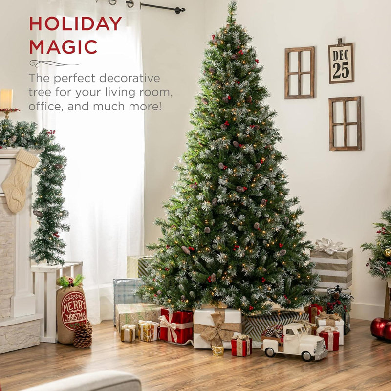 Arbre de Noël artificiel articulé 7,5 pi avec 7,58 pieds, 82 pommes de pin, 82 baies, 550 lumières, base en métal