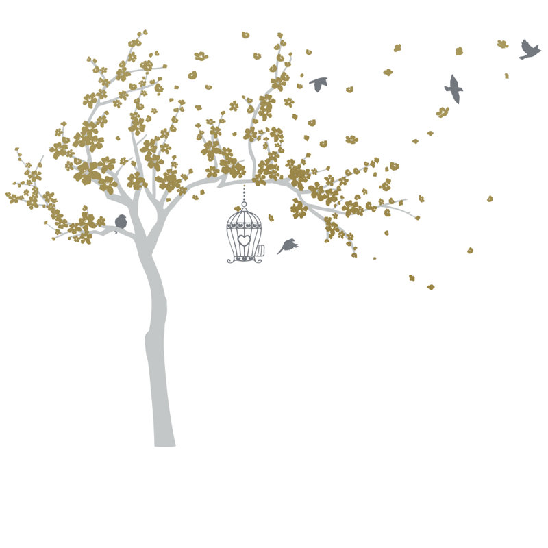 Décalcomanie murale Arbre en fleurs et oiseaux, Blanc, H 60 po x l 77 po x p 0,01 po