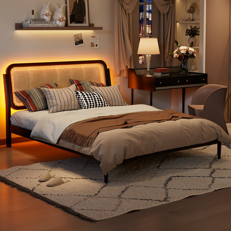 Queen Bed Frame With Rattan Headboard, Bed Frame With LED Lights, Boho Platform Bed Frame With Wooden Support Legs, Espresso