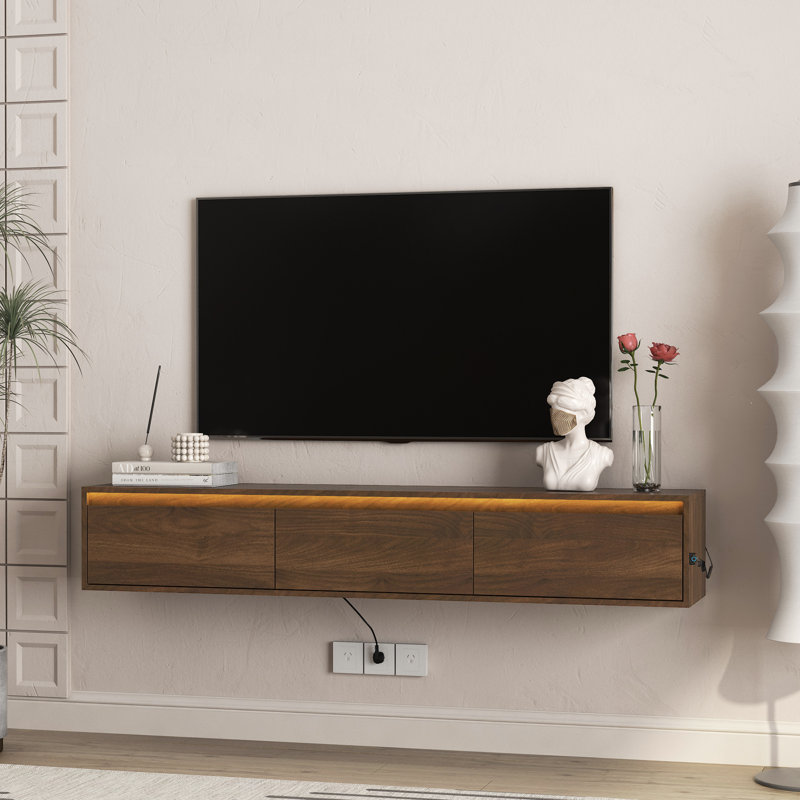 Meuble télé suspendu moderne en bois avec prise électrique et éclairage DEL | Console murale multimédia | Étagère audiovisuel qui économise de l'espace
