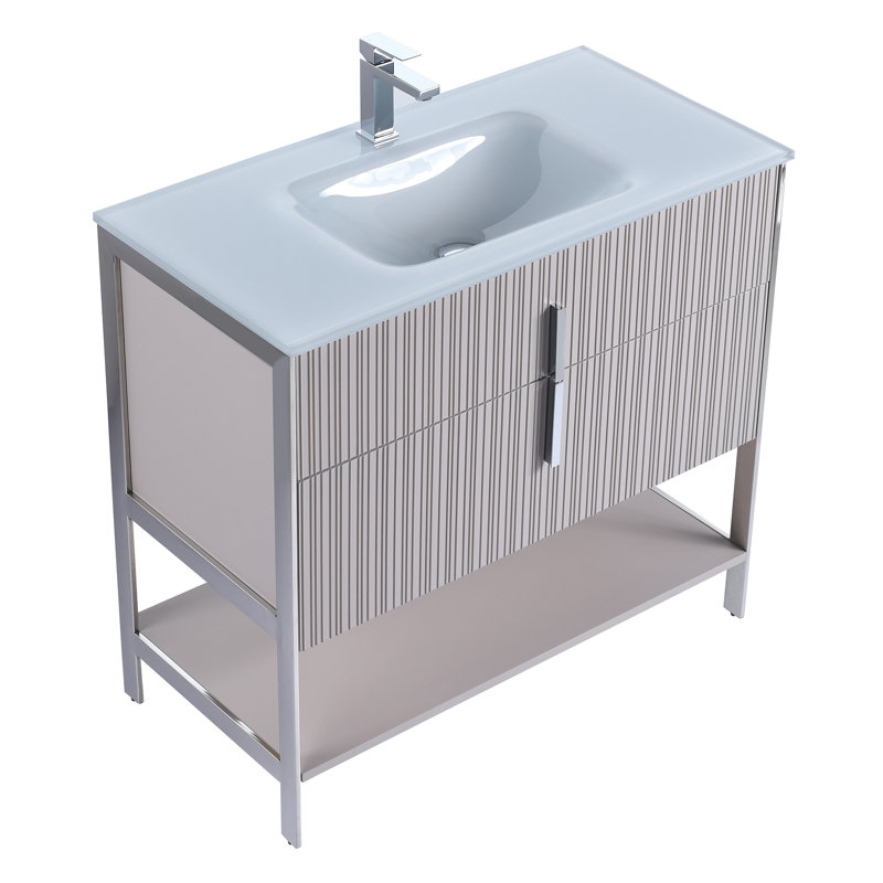  Meuble-lavabo moderne avec plateau en verre blanc Serenity, Taupe vif / chrome, 36"