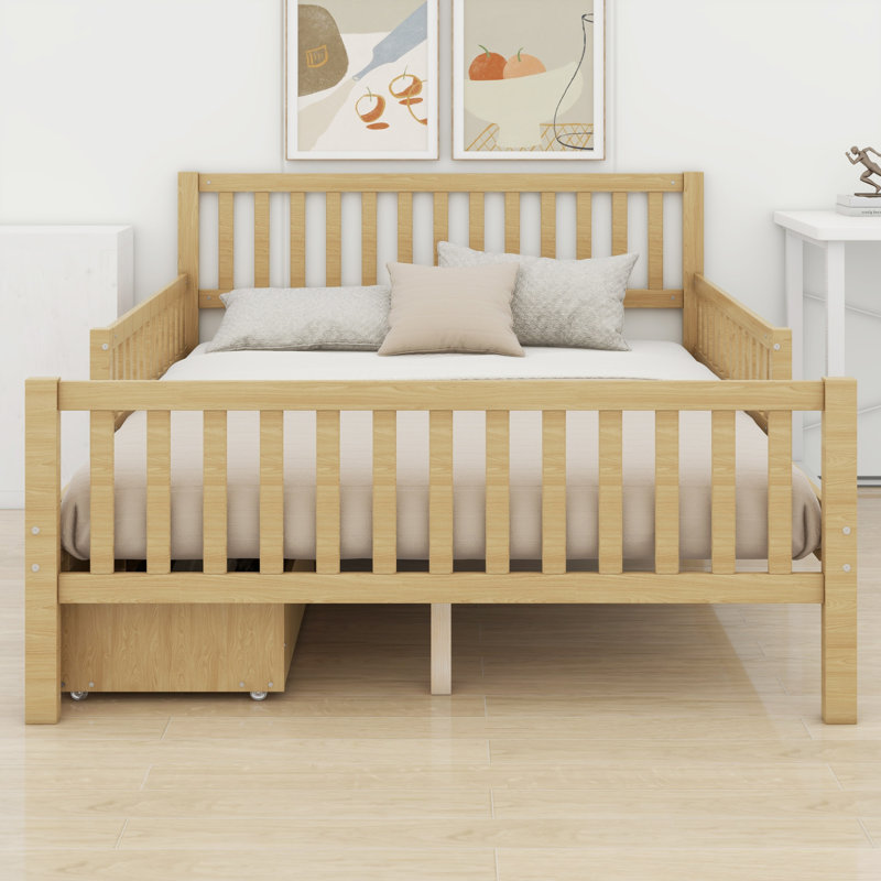 Classic Wood Platform Bed Frame with Guardrails and 2 Storage Drawers, Full
