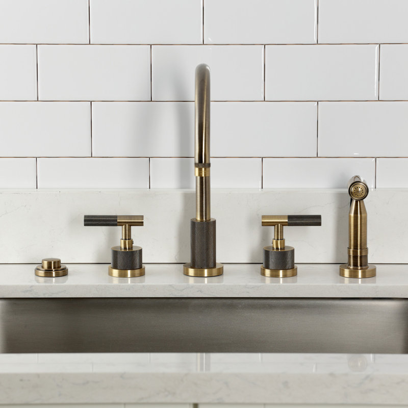 Kingston Brass Convergent Double-Handle 4-Hole Widespread Kitchen Faucet With Knurled Handle 4-Hole And Brass Sprayer
