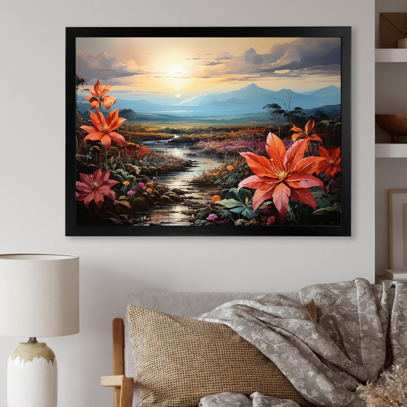 Charme de poinsettias en présence de volcan, Cadre simple noir, H 34 po x l 44 po x P 1,5 po