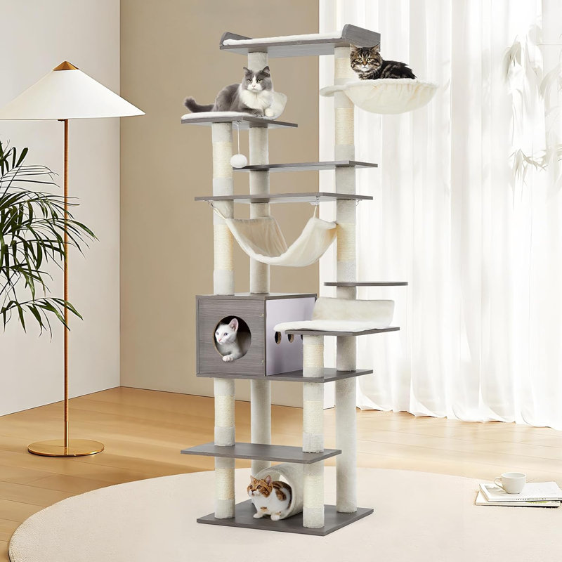 67'' Large Cat Tree, Features Scratching Post, Cat Condo, Platforms, Tunnel, Hammock, Food Station & Bowls, Beige/Grey
