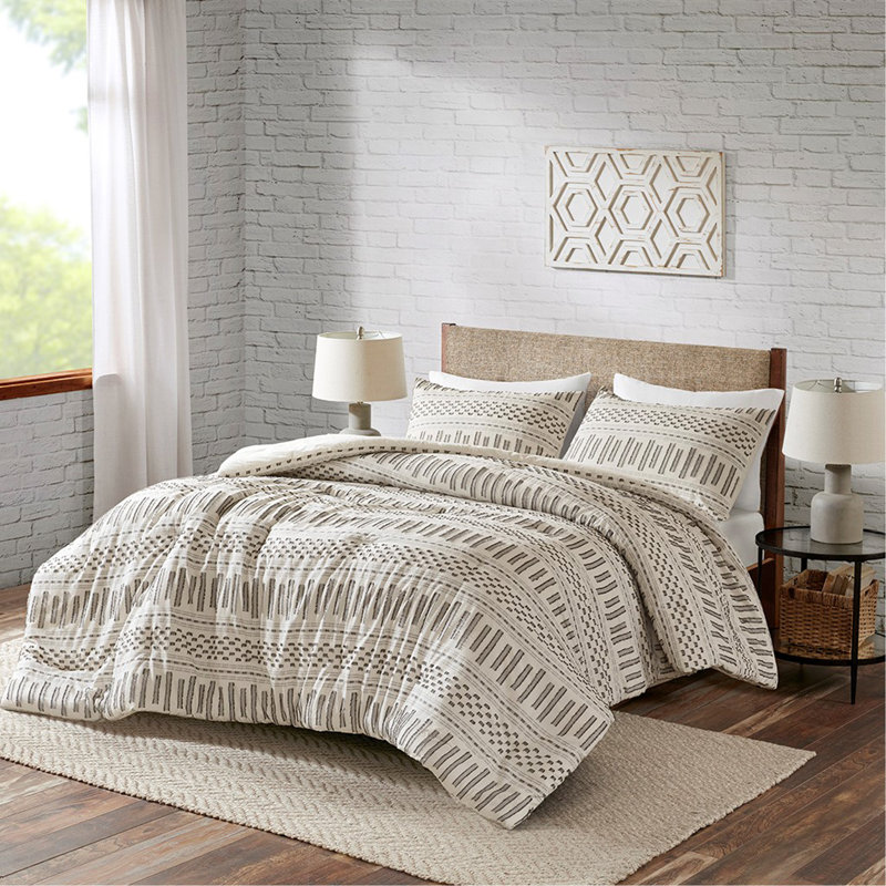 Mini ensemble d'édredon en jacquard de coton ivoire / gris anthracite double / grand, Ivoire/gris anthracite