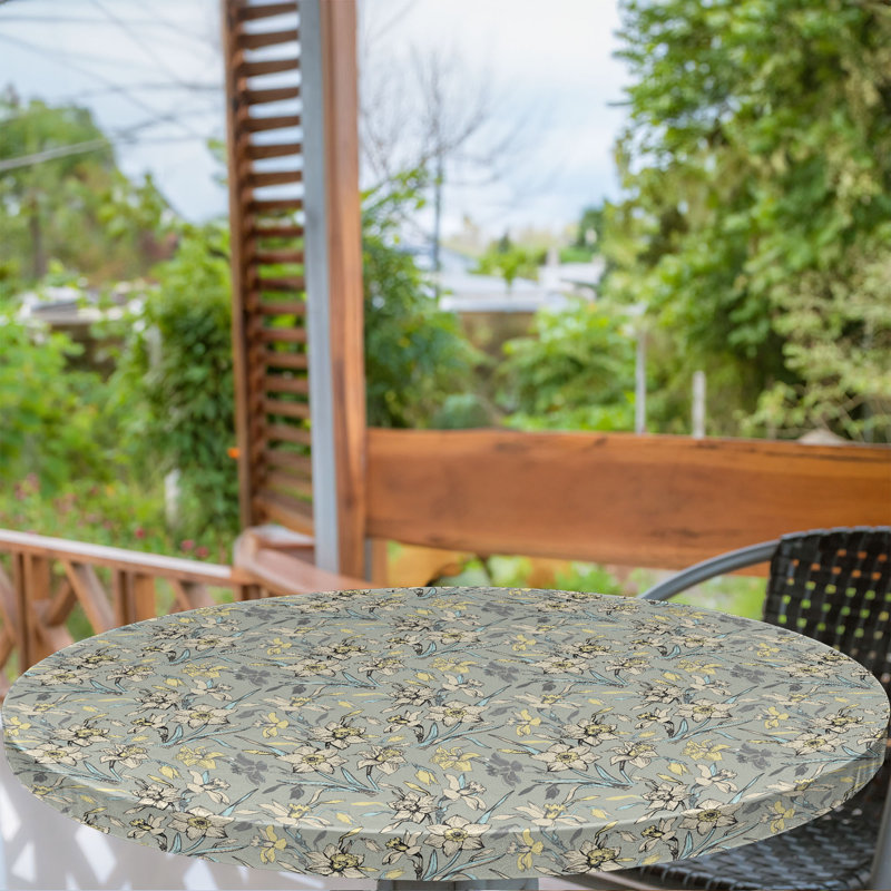 Winston Porter Daffodil Fitted Round Tablecloth Diameter Sage Green Cream 128718, 51.97" Round