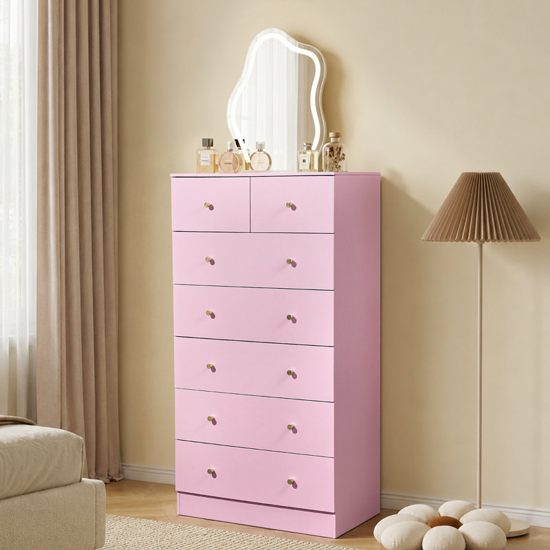 Grande armoire de rangement à 7 tiroirs avec rangement robuste en bois pour le placard , Rose