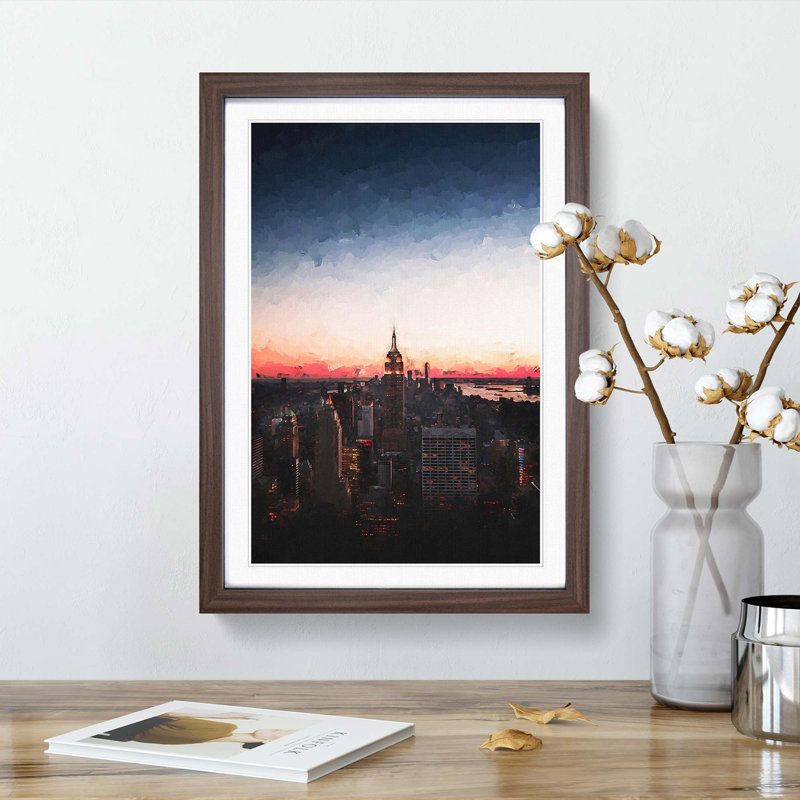 The Empire Stae in New York in Abstract - Picture Frame Graphic Art Print, 36cm H x 27cm W x 2cm D, Walnut Framed