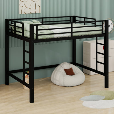 Metal Loft Bed With Ladder And Guardrails